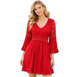 Zanzea, Red Romantic Lace Long Sleeve Dress, Size L